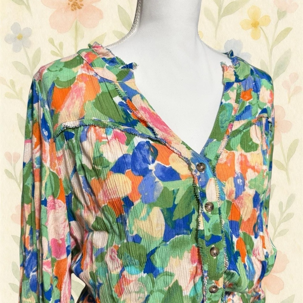 Democracy Floral Button Front Dress 2X Plus Size Boho Peasant Style Rayon - Picture 2 of 7
